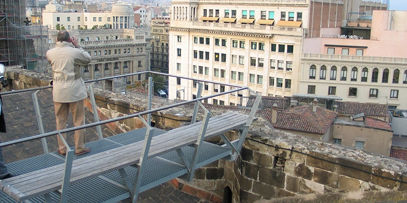 Rooftop view of Barcelona Cathedral showing Gothic spires and medieval architecture