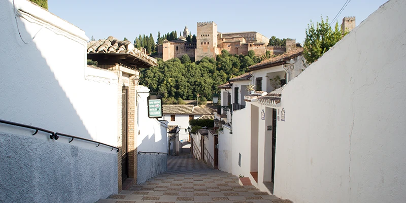 Moroccan tea houses and spice shops lining Calderería Nueva in the Albaicín