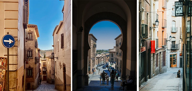Ancient stone buildings and pedestrian alleys in Toledo's historic center