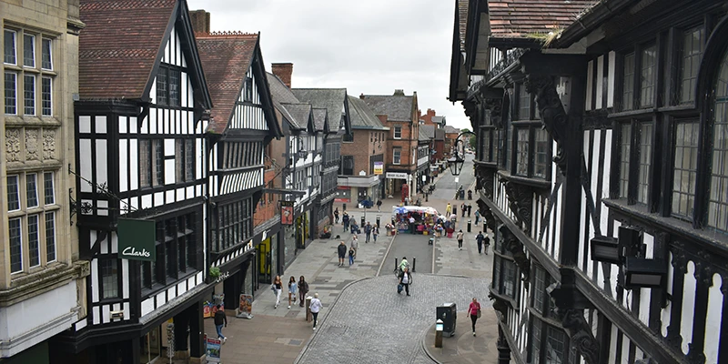 Looking along a Chester shopping street from the upper level of the Rows