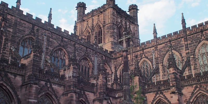 The west front of Chester Cathedral, red sandstone Gothic detail
