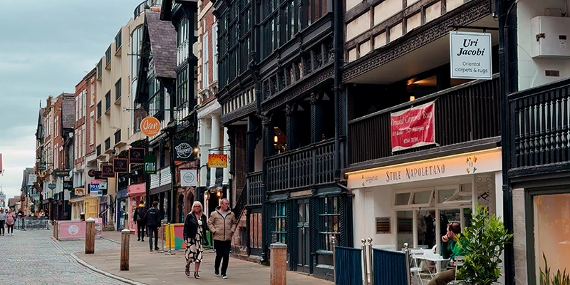 Chester pedestrian street with half-timbered buildings on both sides