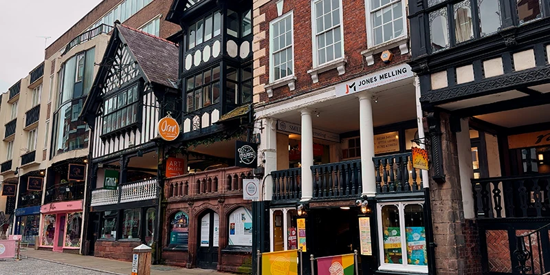 Two levels of shops along the Rows in Chester