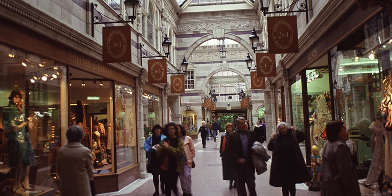 Interior of a covered shopping arcade in Chester