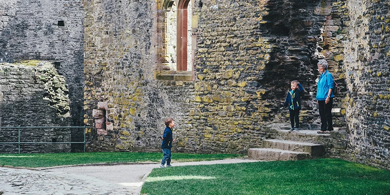 Visitors in the grassy inner ward of Conwy Castle