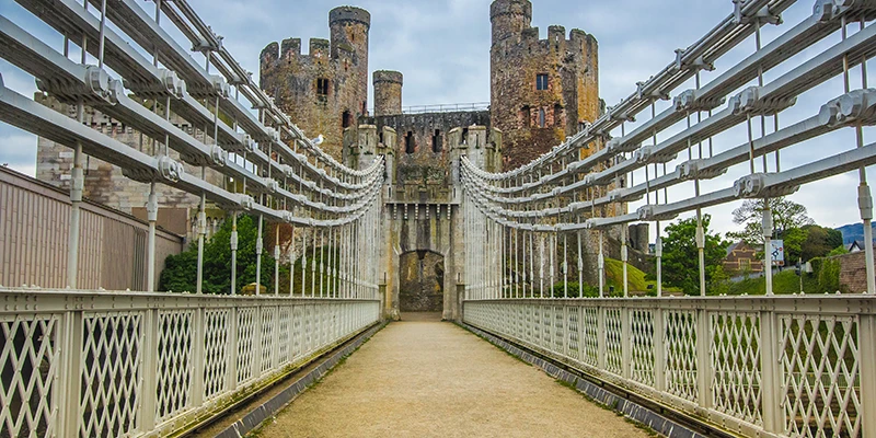 The deck of Thomas Telford's suspension bridge leading to Conwy Castle
