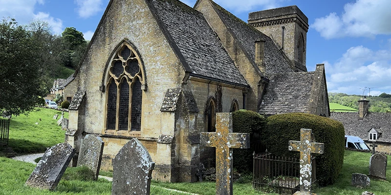 Close-up of the church showing the rose-window tracery