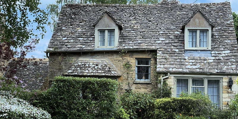 Picturesque single cottage with two dormer windows and rambling roses