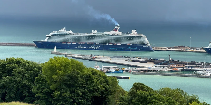 A cruise ship in Dover Harbour seen from the castle