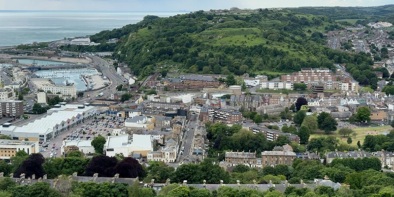 Aerial view over the town of Dover and its harbor