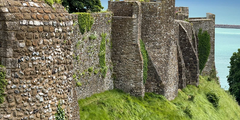 Close view of the flint and stone masonry of Dover Castle