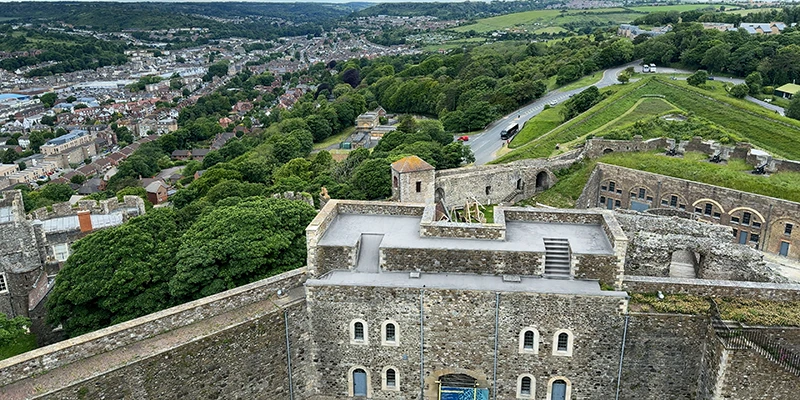 View from the roof of Dover Castle over the town and harbor
