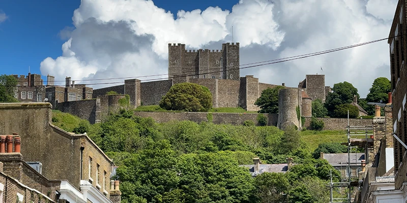 Dover Castle seen from a street in the town
