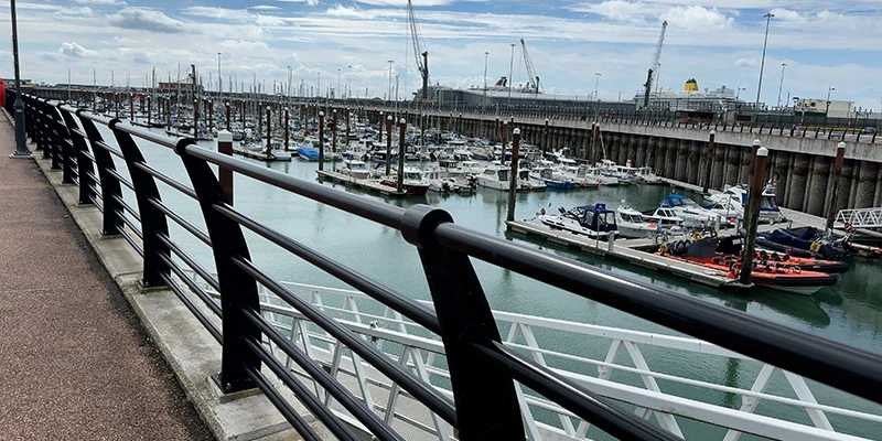 The marina railing and moored boats at Dover