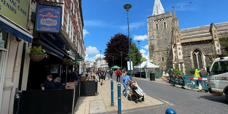 The tower of St Mary's Church rising above the street in Dover