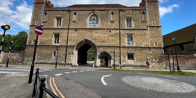 The Porta gatehouse seen from the road outside the cathedral precinct