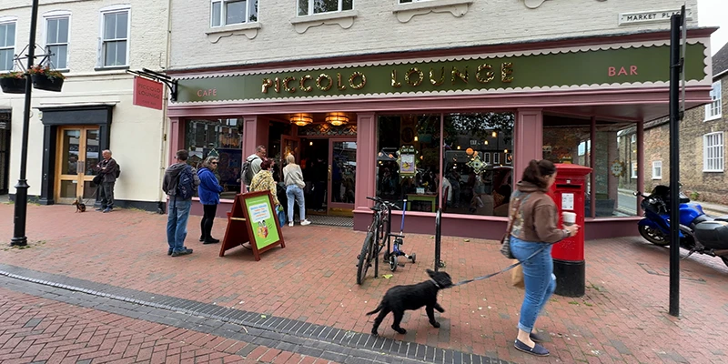 Shops and a dog walker on a street in central Ely