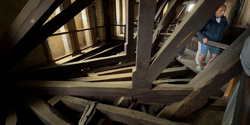inside the dome viewing wooden beams