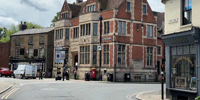 Victorian brick buildings at a street junction in Ely
