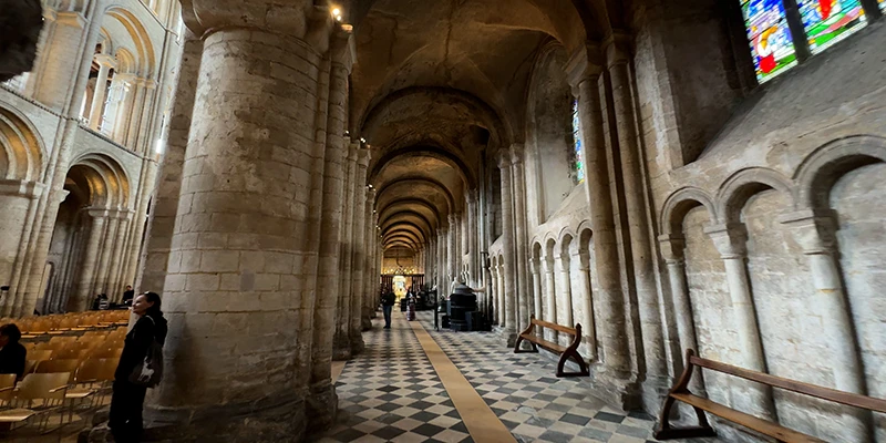 The north aisle of Ely Cathedral with its tiled floor