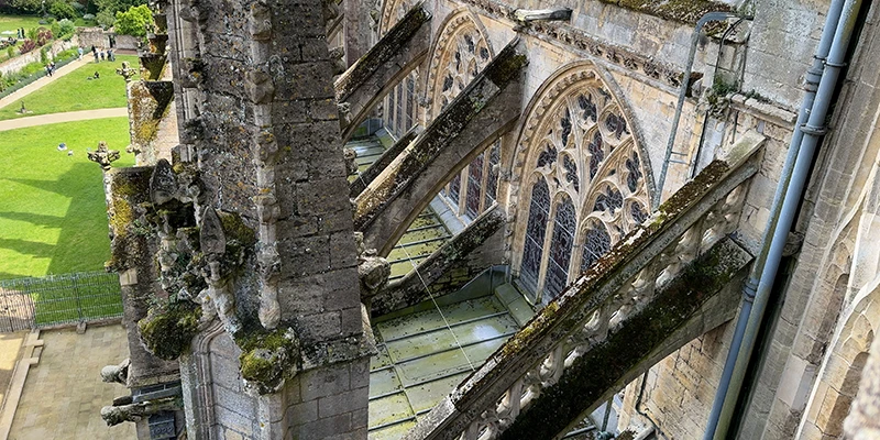 Flying buttresses and lawns seen looking down from the Ely Cathedral roof