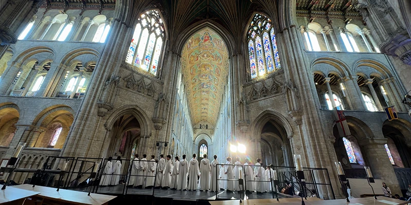 Pointed arches and stained glass in the presbytery of Ely Cathedral