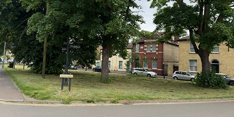 Parkland and houses on the walk from Ely station into the town