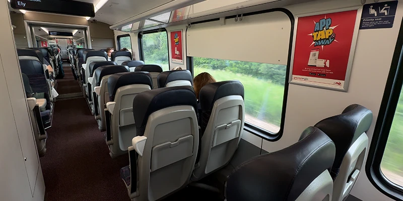 The interior of a train on the line to Ely
