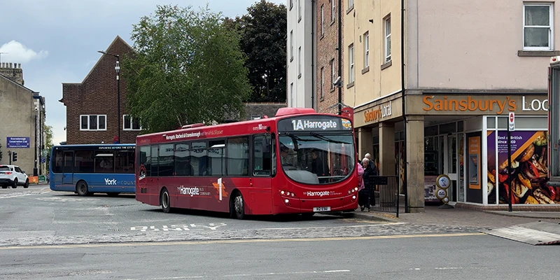 A bus on the main road through the center of Knaresborough