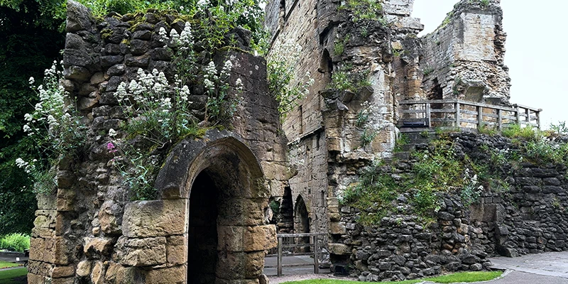 The castle grounds at Knaresborough with benches and the ruined keep
