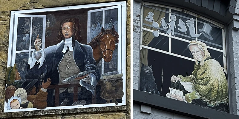 Painted figures filling bricked-up windows on a building in Knaresborough