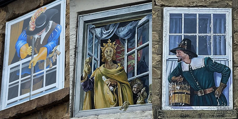 Trompe l'oeil paintings in blocked window openings in Knaresborough