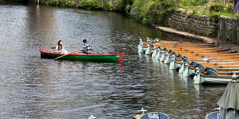 A rowing boat on the River Nidd at the Knaresborough boat landing