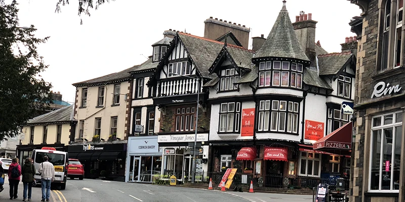 Half-timbered buildings along a street in Bowness