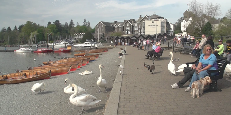 A scenic view of Bowness-on-Windermere and the lake