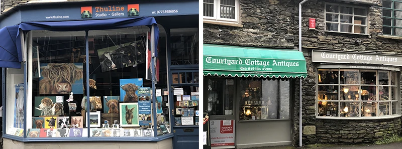 Newsagent window and the front of Courtyard Cottage Antiques in Windermere
