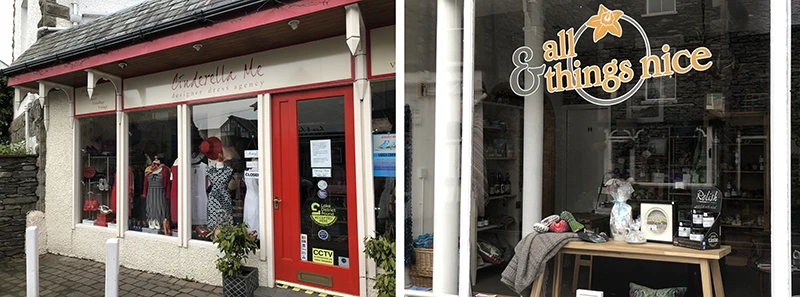 Gift shop front with a display table set out on the sidewalk in Windermere