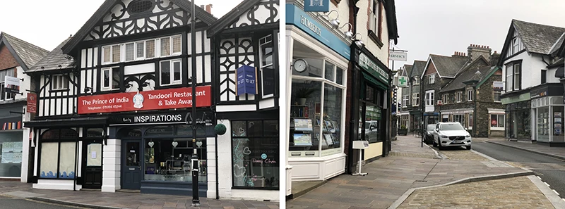 Black and white timbered restaurant building and shops on a Windermere corner