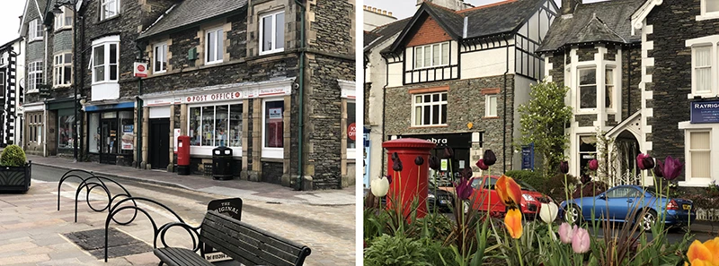 Post office building in Windermere with a red telephone box and tulip bed