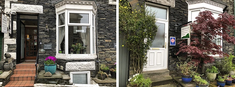 Bed and breakfast entrances with potted plants and painted doors in Windermere