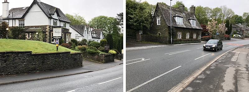 Road at the edge of Windermere lined by a stone wall and hedges