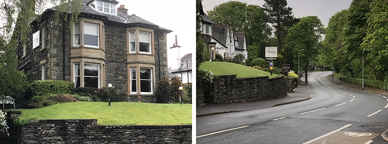 Stone house with bay windows on a quiet residential corner in Windermere