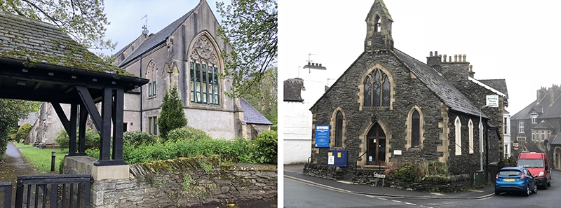 Stone church with a wooden lych gate and a noticeboard in Windermere