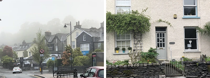 Cottage with climbing ivy and window boxes on a misty Windermere street