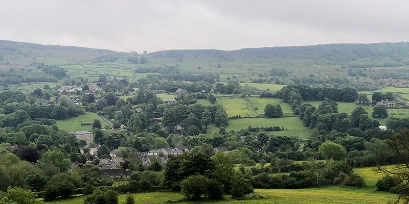 View over the green valley and rooftops of Bakewell