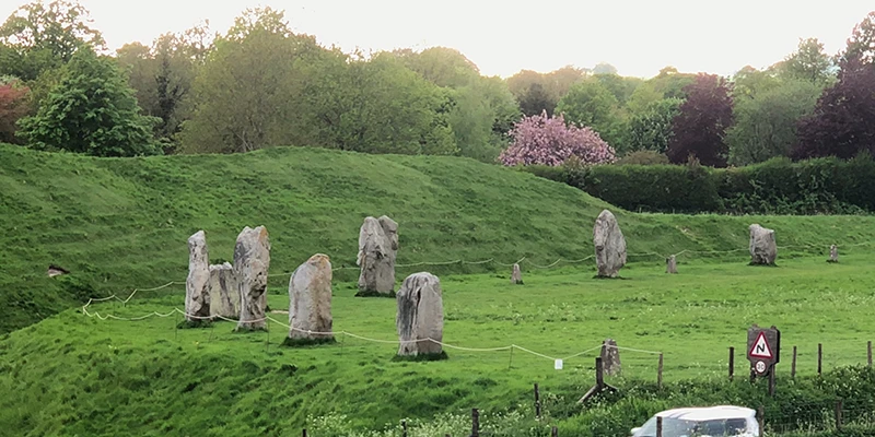 The Avebury circle seen across the henge with the village beyond