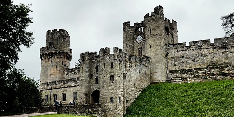The stone bridge and barbican forming the fortified entrance to Warwick Castle