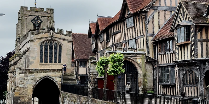 The Lord Leycester Hospital and West Gate, Warwick, with its leaning Tudor timber framing