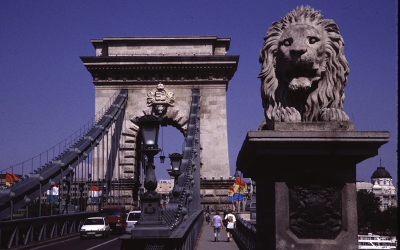 The Chain Bridge in Budapest with one of its stone lions