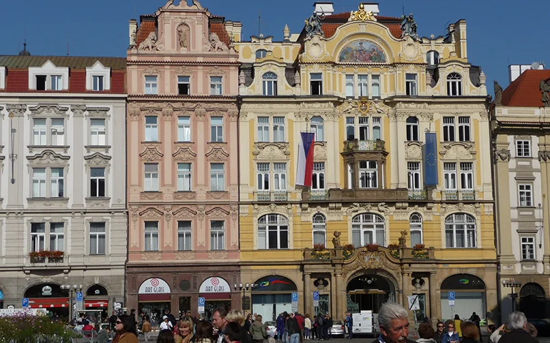 Painted baroque facades on the Old Town Square in Prague